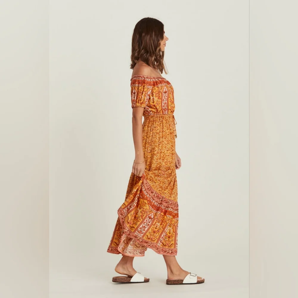 Arnhem Mimosa Orange Yellow Island Off Shoulder Midi Dress - Picture 2 of 7